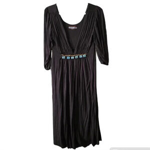 Prairie New York Black Midi Dress w/ Turquoise Sz M BOHO Western